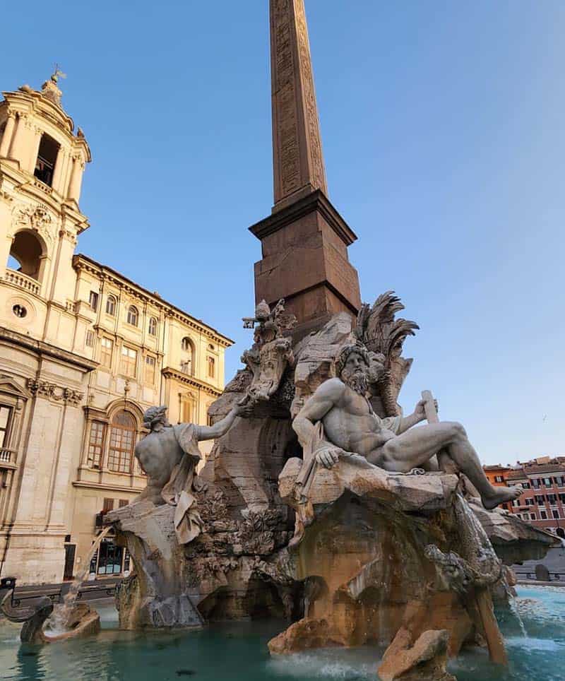 Bernini's Fountain of the Four Rivers in Piazza Navona Rome, completed in 1651, with the Egyptian obelisk rising from the center